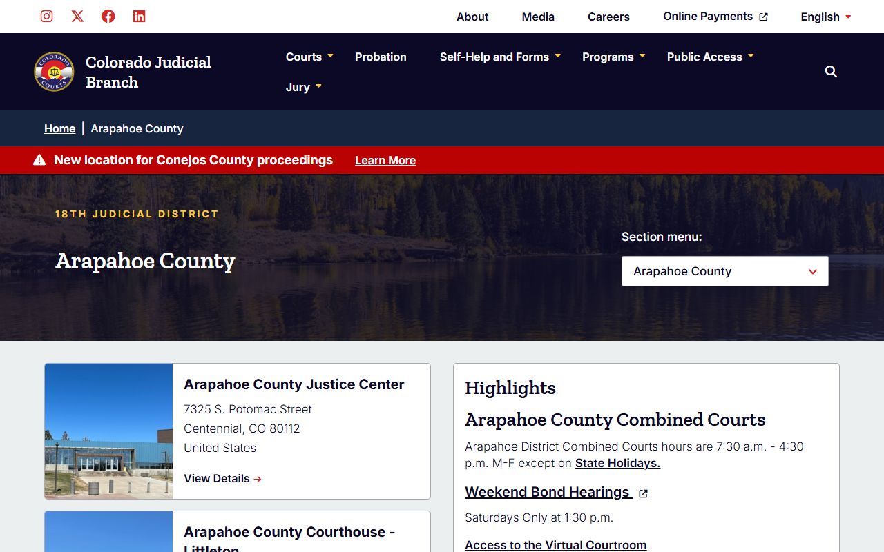 Arapahoe County Courts website for 18th Judicial District information