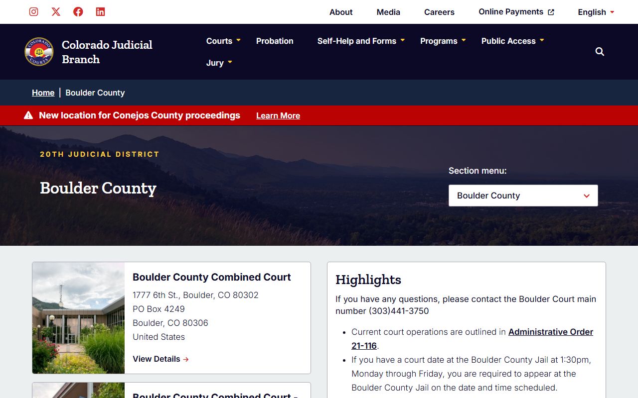 Boulder County Courts website for 20th Judicial District information