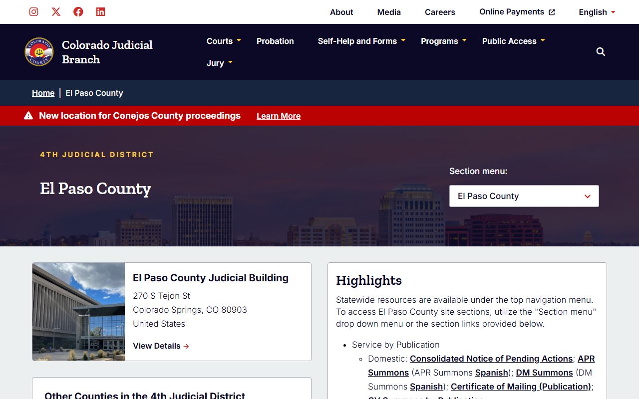 El Paso County Courts website for 4th Judicial District information