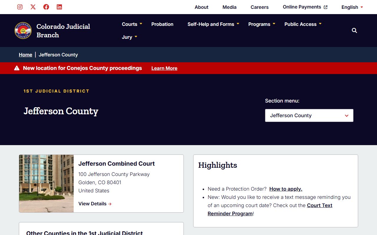Jefferson County Courts website for 1st Judicial District information