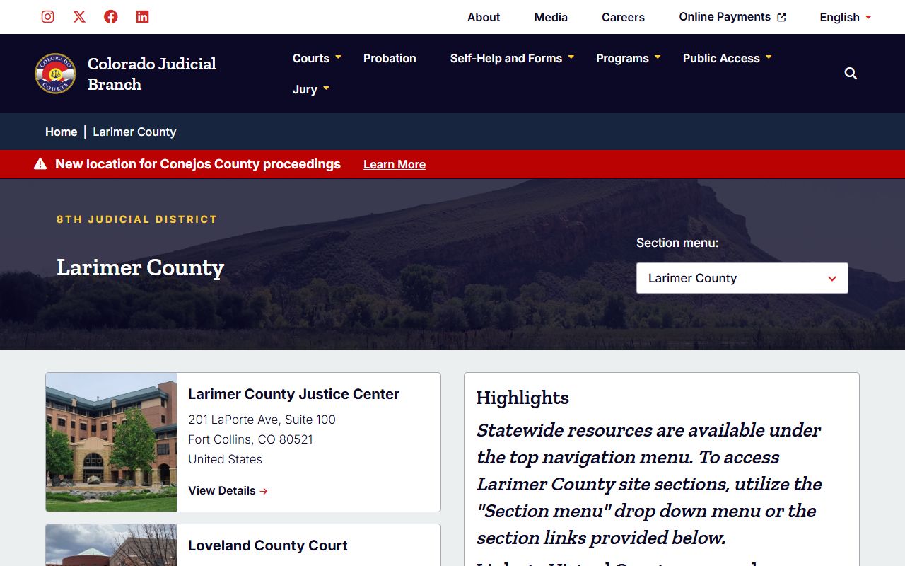 Larimer County Courts website for 8th Judicial District information