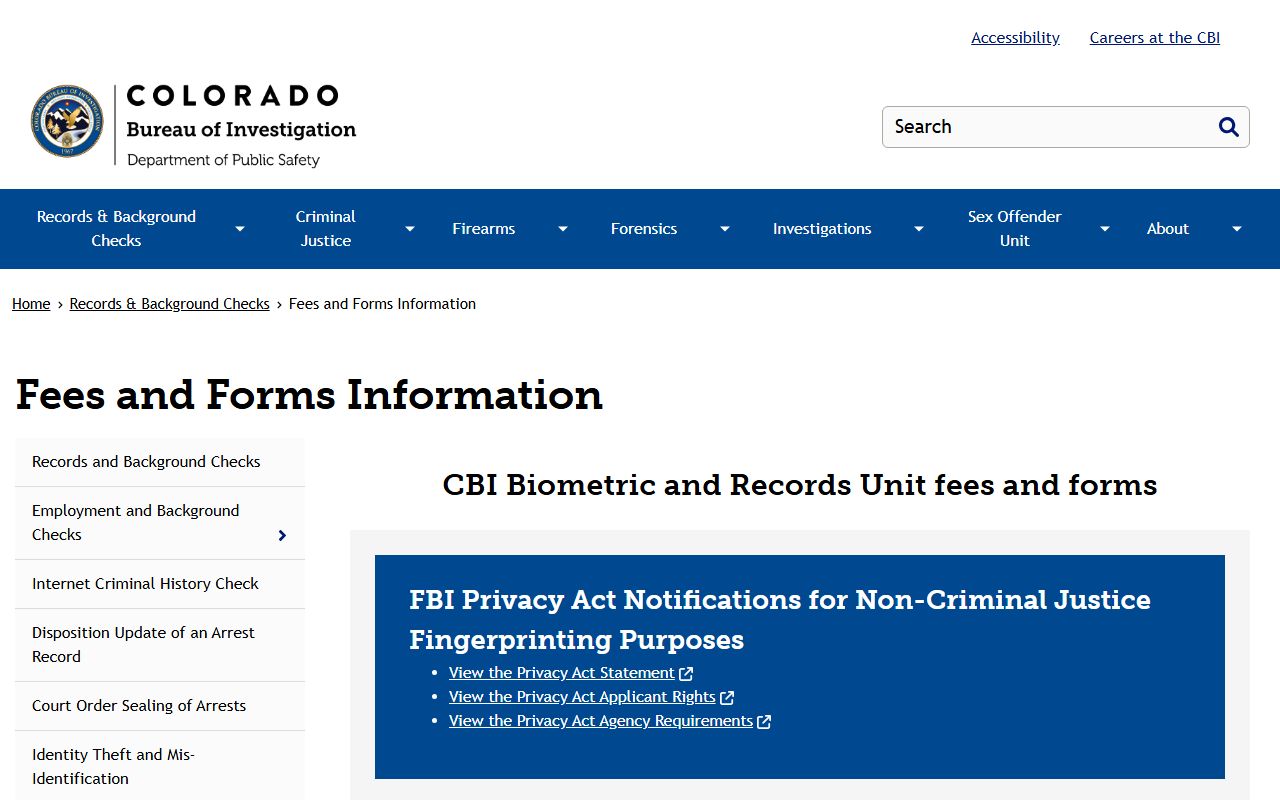 Colorado Bureau of Investigation fees and forms information page
