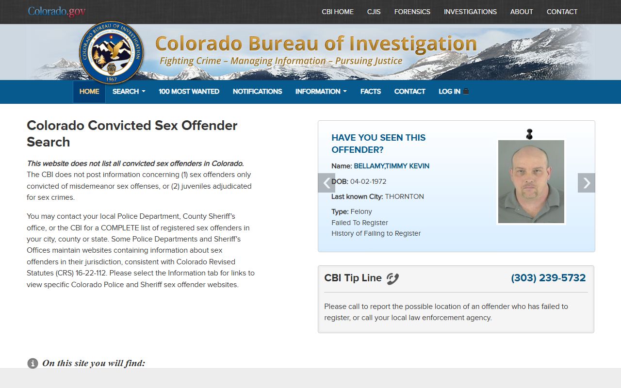 Colorado Sex Offender Registry search page